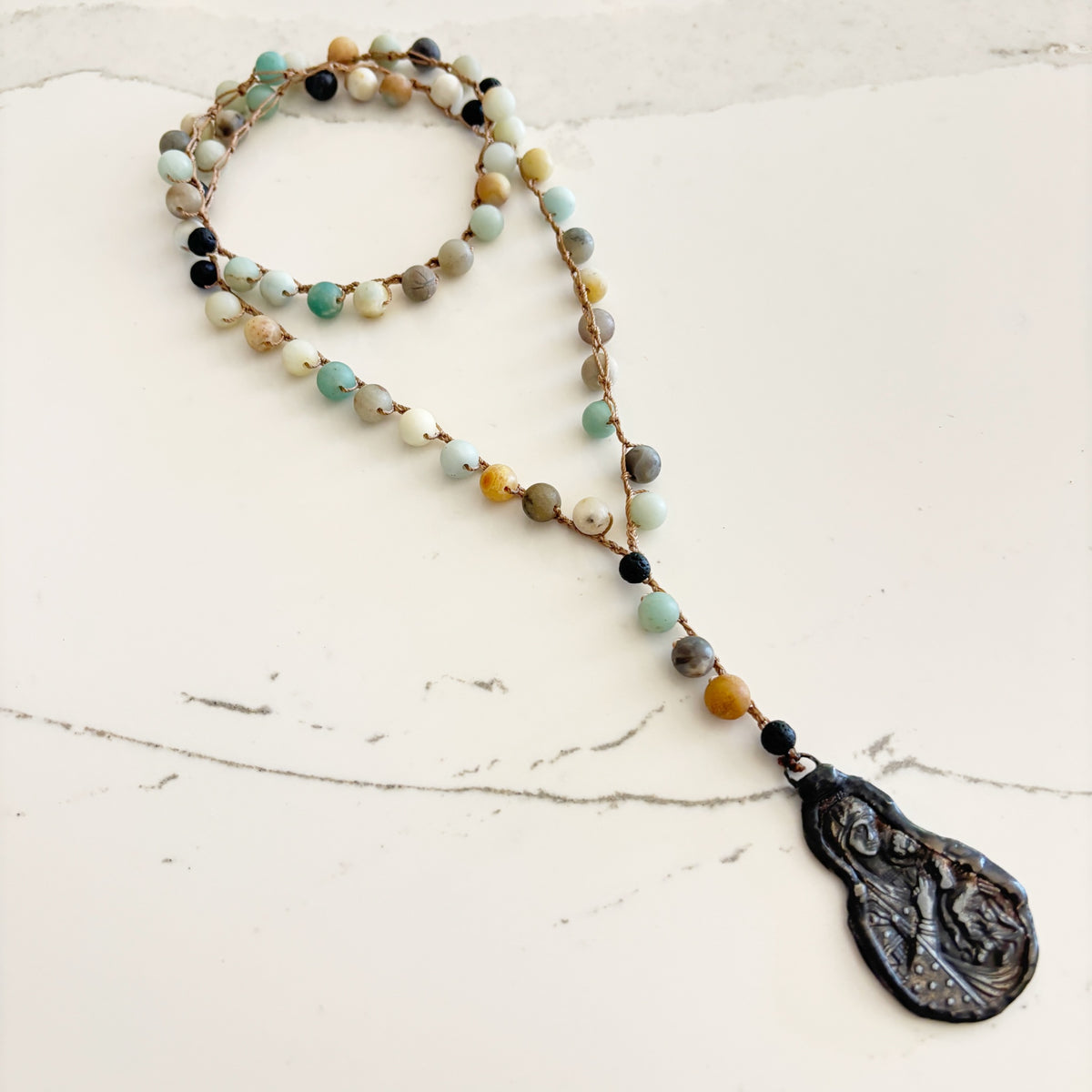 Blessed Mother Rosary Necklace - Amazonite & Lava Stone