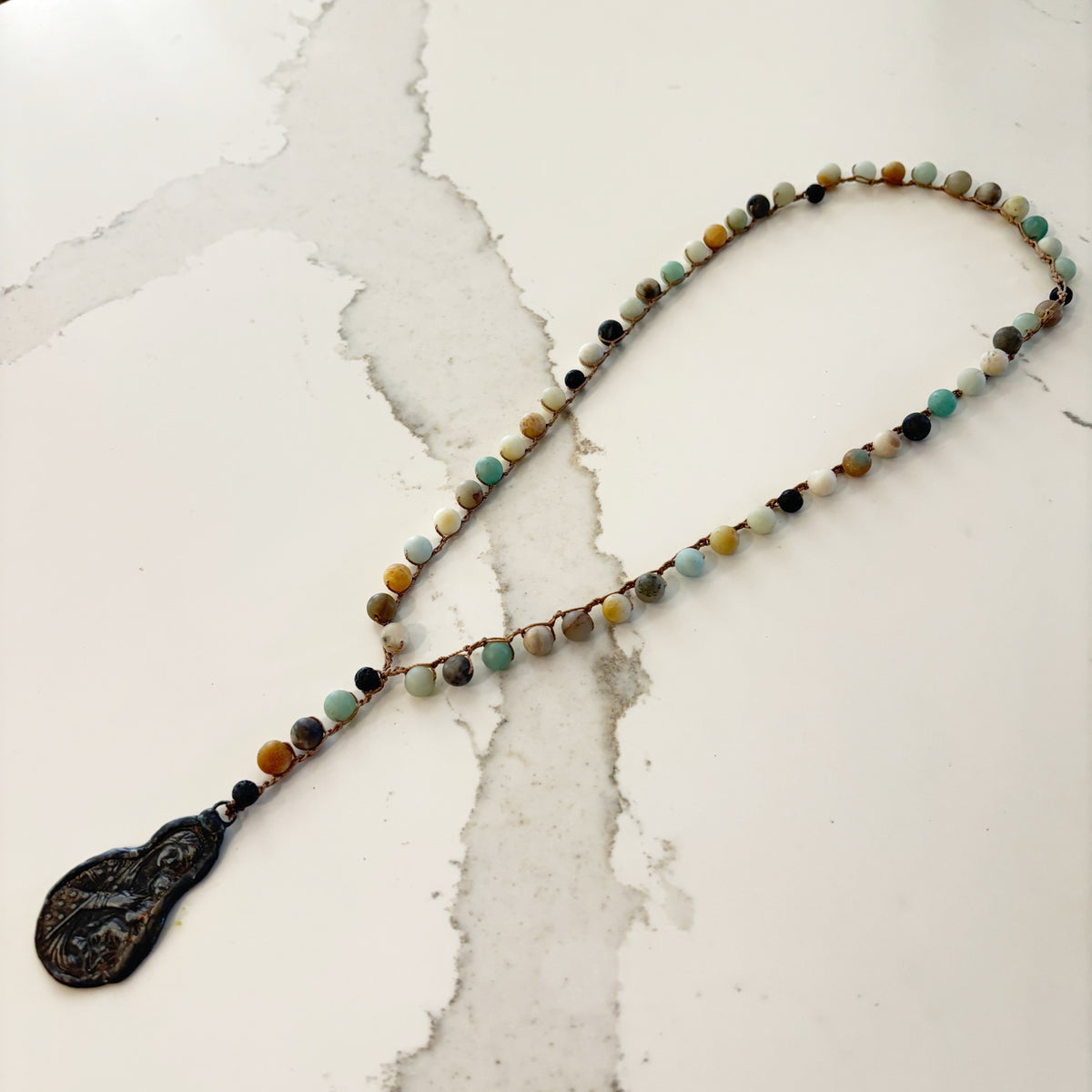 Blessed Mother Rosary Necklace - Amazonite & Lava Stone