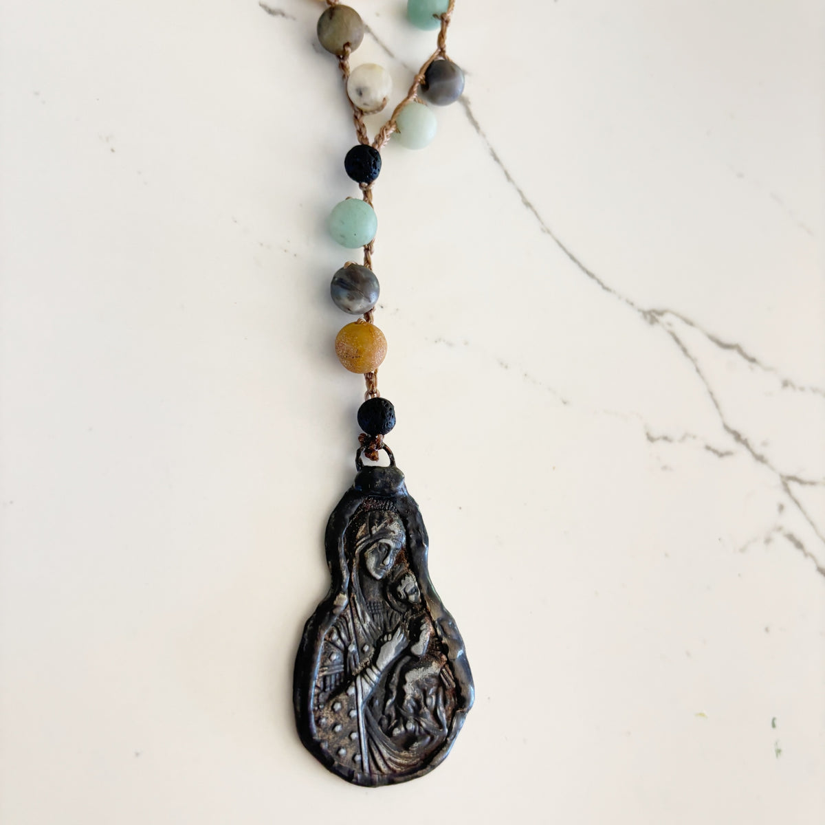 Blessed Mother Rosary Necklace - Amazonite & Lava Stone