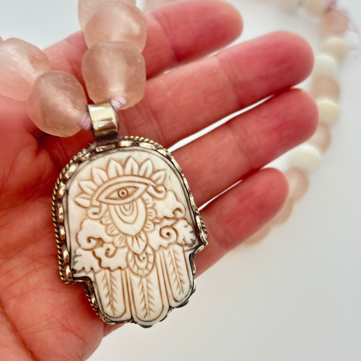 Talisman Necklace - Glass Hamsa necklace alternate angle view 4, detailed close-up